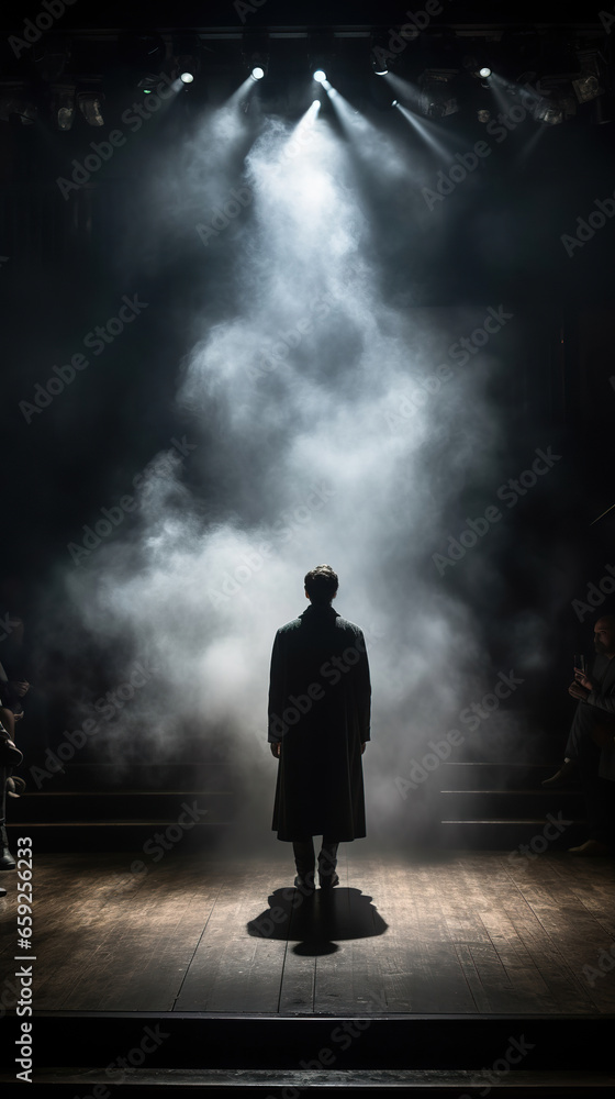 Mystique Unveiled: A Lone Figure on a Foggy Stage,Silhouette of a person in a fog of misty smoke Mystique Unveiled: A Lone Figure on a Foggy Stage,Silhouette of a person in a fog of misty smoke