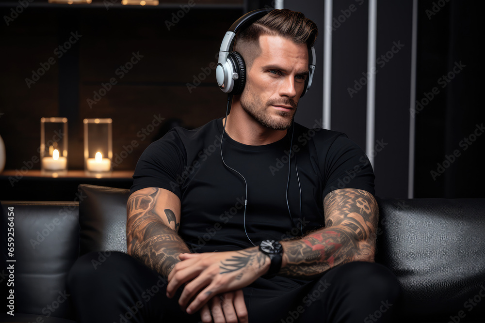  tattooed young man listening to music using headphones
