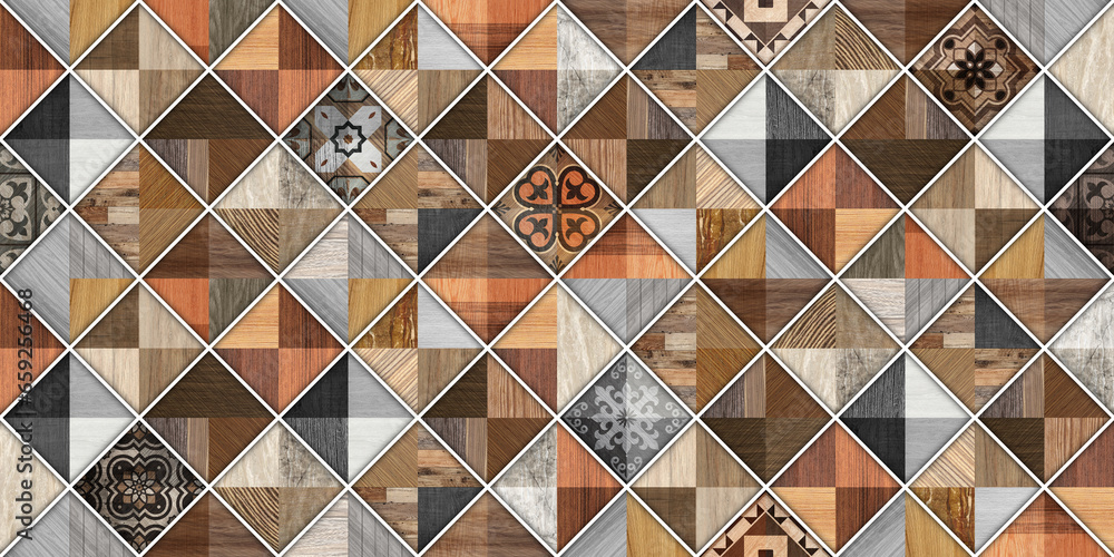 Fototapeta premium Wood texture traditional vintage brown tiled wall and floor pattern.