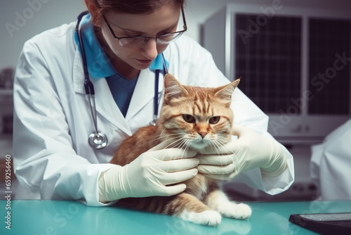 A veterinarian wearing gloves examines a cat in the office