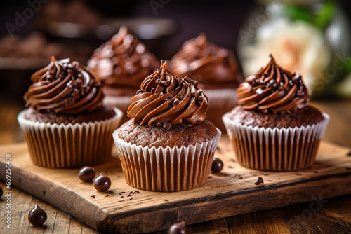Decadent Delight: Chocolate Cupcakes on a Rustic Wooden Board,chocolate cupcakes on a table,chocolate cupcakes with chocolate frosting