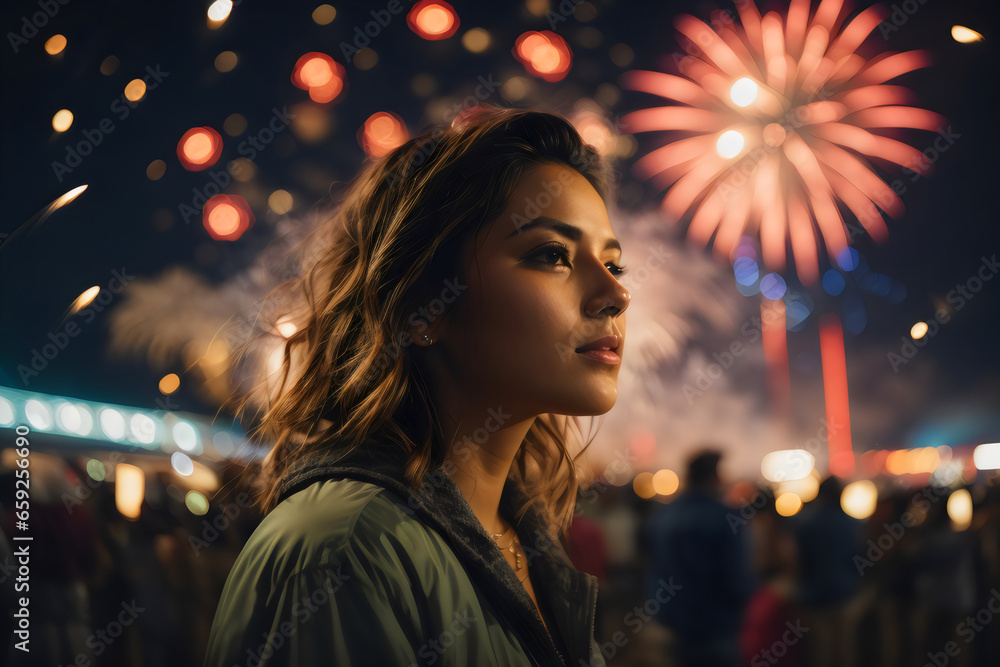 A woman is seen close-up watching a fireworks festival at night.