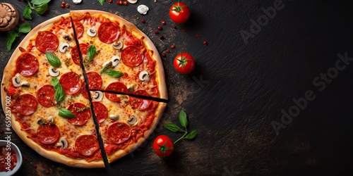 Rustic italian delight. Homemade pizza on table. Savoring flavors. Delicious pizzas. Fresh ingredients on wooden board