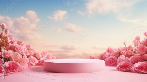 Podium background flower rose product pink 3d spring table beauty stand display nature white. Garden rose floral summer background podium cosmetic valentine easter field scene gift purple day romantic #659257029