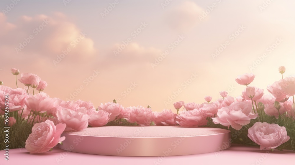Podium background flower rose product pink 3d spring table beauty stand display nature white. Garden rose floral summer background podium cosmetic valentine easter field scene gift purple day romantic - obrazy, fototapety, plakaty 