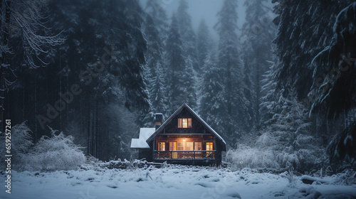 Small cabin in the trees under snow at night