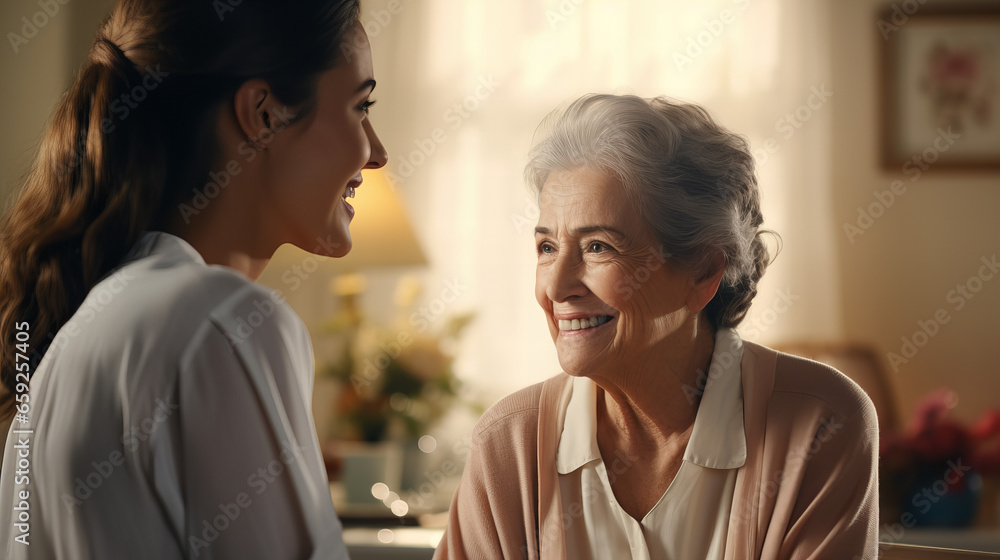 Friendly nurse supporting an elderly lady. Happy beautiful senior woman together with her friendly young nurse or caregiver standing in room in retirement home. Retirement people support concept Friendly nurse supporting an elderly lady. Happy beautiful senior woman together with her friendly young nurse or caregiver standing in room in retirement home. Retirement people support concept