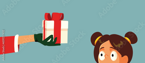 Surprised Child Receiving a Gift from Santa Vector Cartoon Illustration. Funny puzzled kid trying to figure out what is inside Xmas present 
