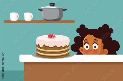 Little Girl Craving for the Cake on the Table Vector Cartoon illustration. Funny child being tempted by surgery delicious dessert 
