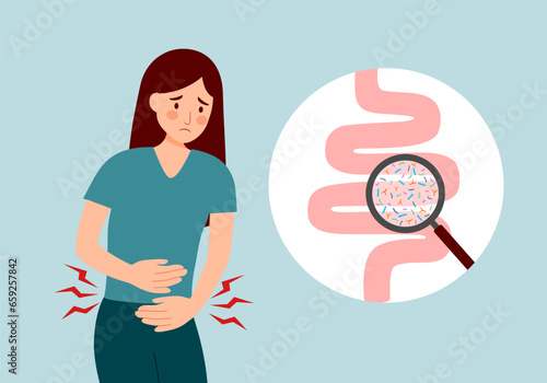 Woman having stomachache campylobacter infection. Bacteria in intestine in flat design. Food poisoning. Diarrhea or digestive system problem.