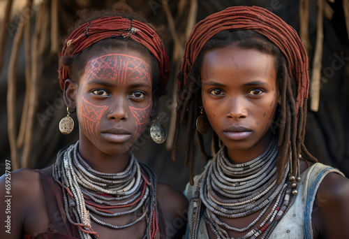 two women in traditional village in ethiopia