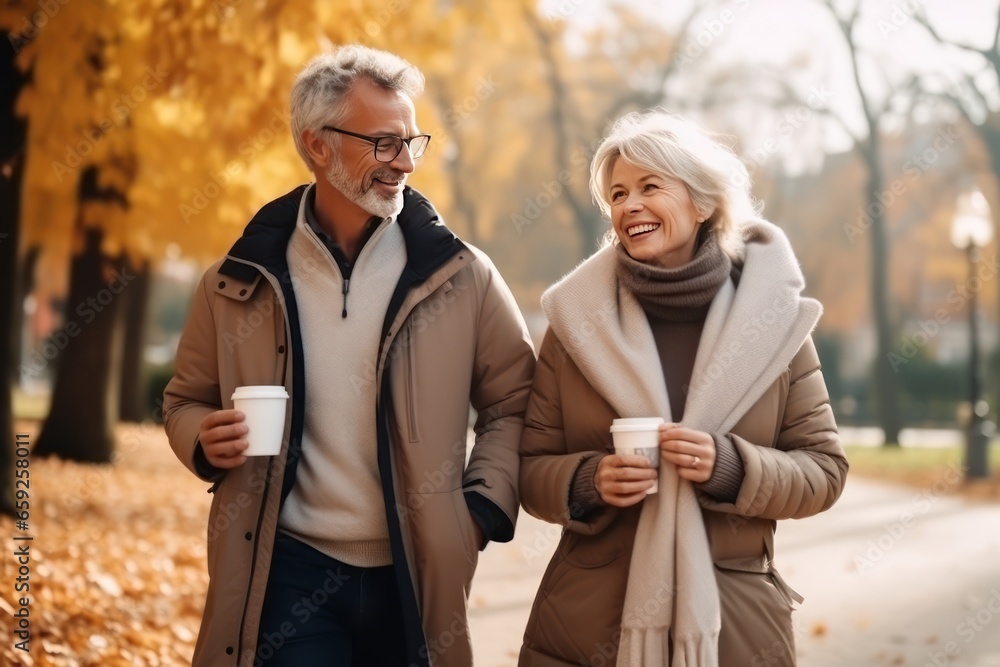 A middle-aged Caucasian couple walking through an autumn park. They chat and drink warming coffee.