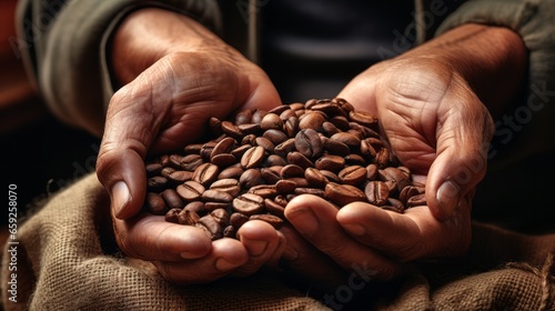 Closeup hands and person holding coffee beans from a harvest bag used in farming, agriculture, and the environment. Farmer and caffeine bean produce in a sack for the service industry and agribusiness