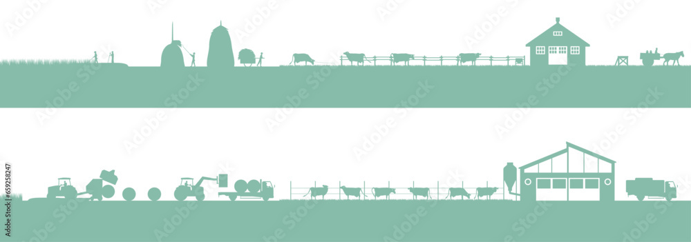 酪農業。乳牛と牛舎と牧草作業。　現在と過去の仕事の変化のシルエットイラスト