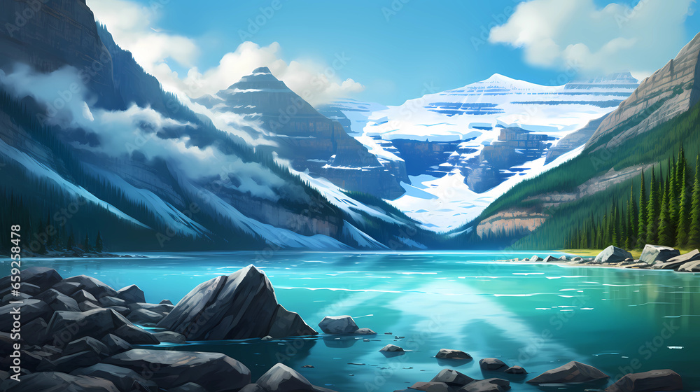 Lake Louise with its turquoise water and surrounding mountains - obrazy, fototapety, plakaty 