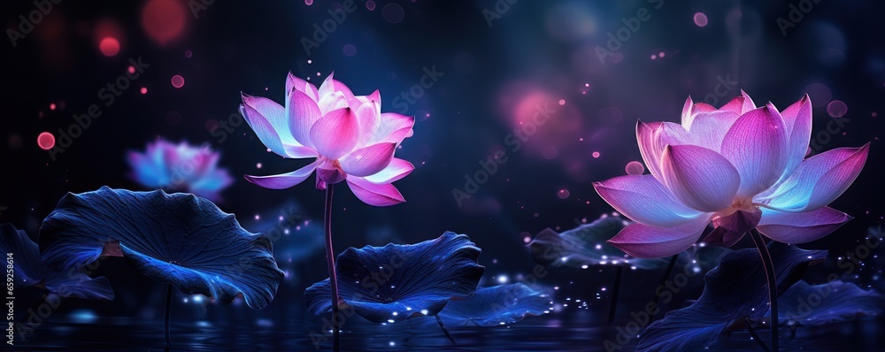 Fluorescent lotus flowers bloomed on a magical night. AI Generation  - obrazy, fototapety, plakaty 