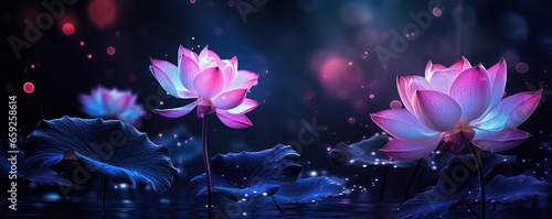 Fluorescent lotus flowers bloomed on a magical night. AI Generation  #659258614