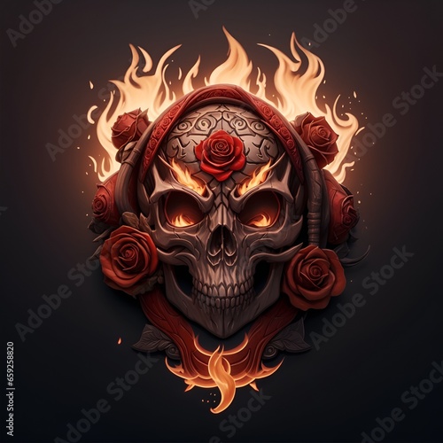 fire mascot skull head and rose, esport game logo, banner, logo. AI generated