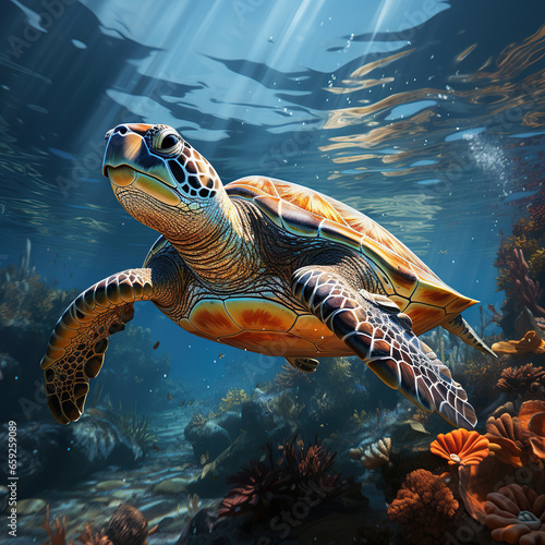 Sea Turtle Swimming in Coral Reef,turtle swimming in the sea © nientsu