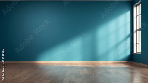 Empty Blue Wall with Wooden Floor and Window-Cast Shadows © L