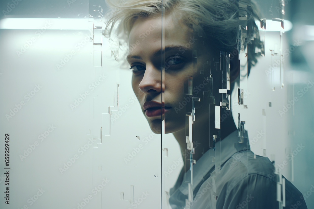 Beauty, fashion, make-up, fine art concept. Abstract minimalist beautiful woman portrait in glitch or broken glass effect style. Gorgeous model with seductive look. Melancholic mood. Generative AI Beauty, fashion, make-up, fine art concept. Abstract minimalist beautiful woman portrait in glitch or broken glass effect style. Gorgeous model with seductive look. Melancholic mood. Generative AI