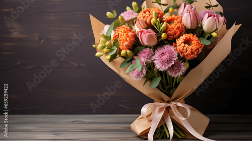 Fresh Spring Flower Bouquet Wrapped in Craft Paper