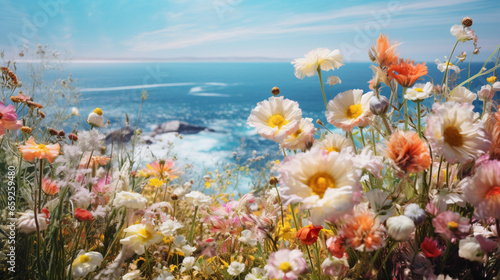 beautiful flowers and an ocean view on the background