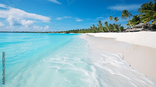White Sandy Beach with Calm Turquoise Waves on a Sunny Day