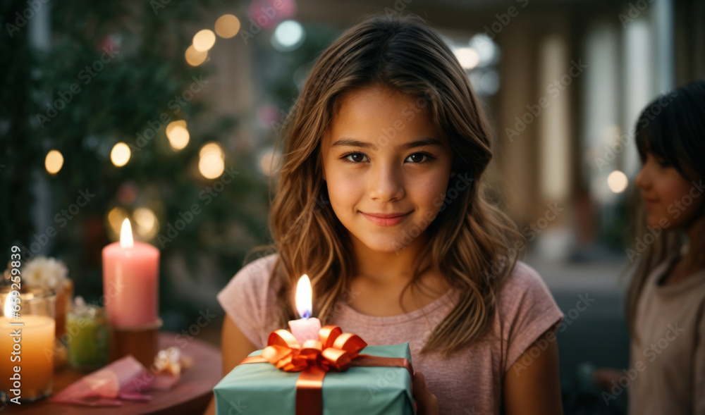 Portrait of a young girl holding a gift box at a birthday celebration. Portrait of a young girl holding a gift box at a birthday celebration.