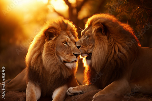 a pair of lions kissing