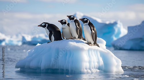 Group of Penguins on Floating Iceberg