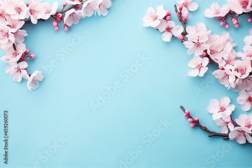 Sakura blossom flowers and may floral nature on blue background. For banner, branches of blossoming cherry against background. Dreamy romantic image, landscape panorama, copy space. generative ai. #659260073