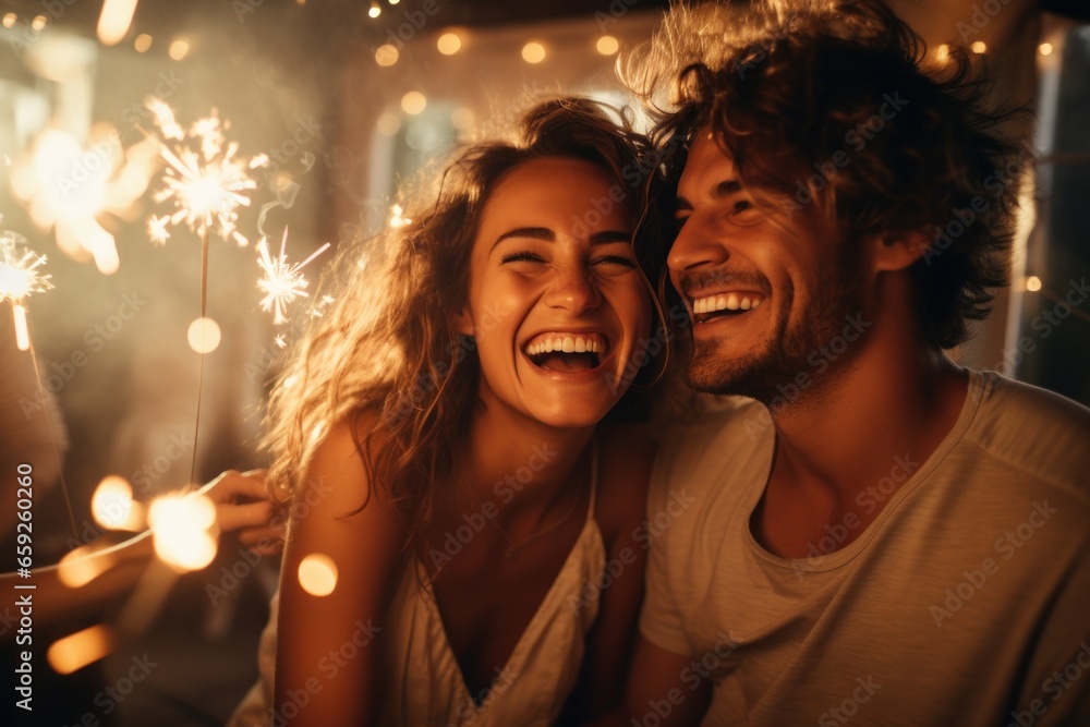 Laughing People, man and woman friend, Christmas time celebration with sparklers in party room. AI generative