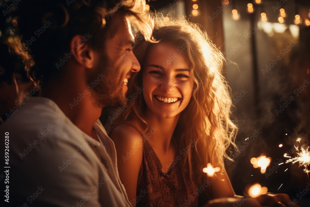 Laughing People, man and woman friend, Christmas time celebration with sparklers in party room. AI generative Laughing People, man and woman friend, Christmas time celebration with sparklers in party room. AI generative