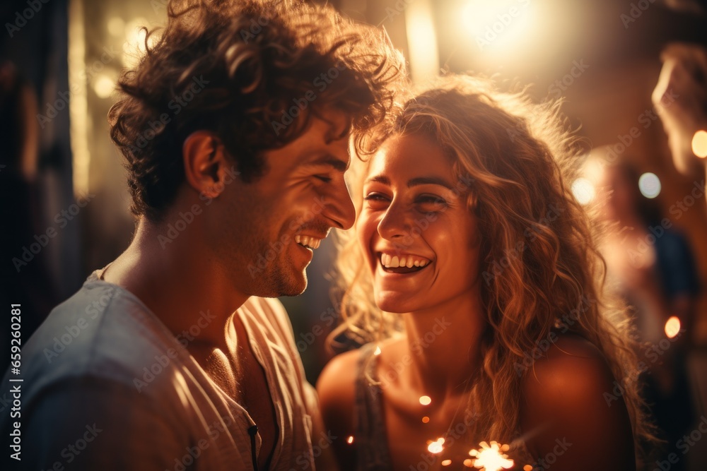 Laughing People, man and woman friend, Christmas time celebration with sparklers in party room. AI generative Laughing People, man and woman friend, Christmas time celebration with sparklers in party room. AI generative