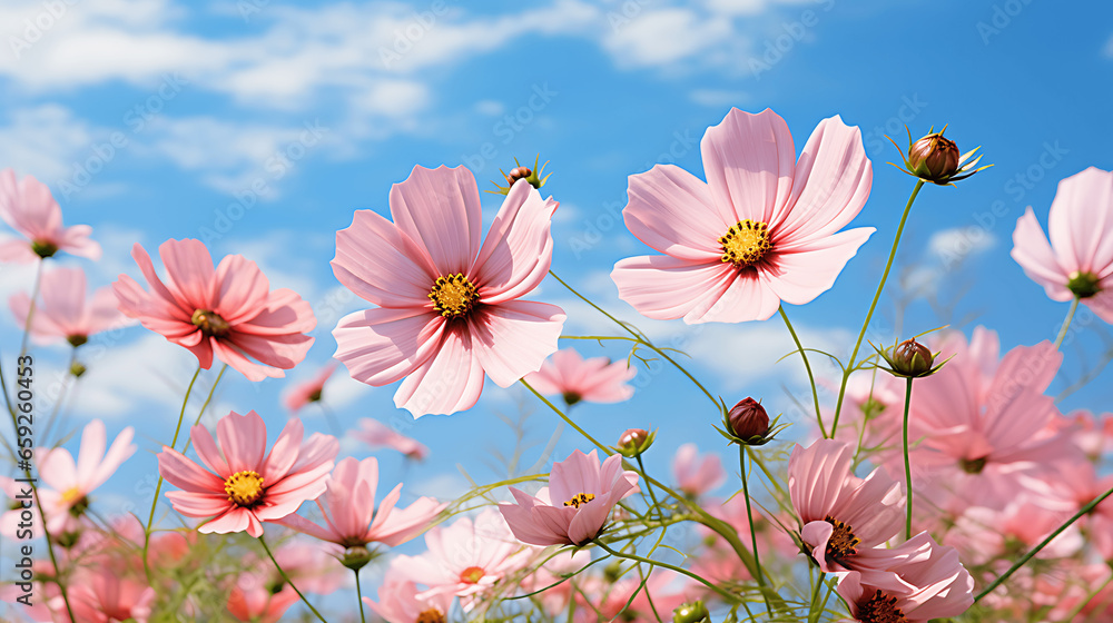 Close-up of Pink Cosmos Flowers Against a Bright Blue Sky