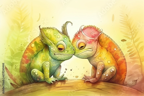 cartoon illustration  a pair of chameleons kissing