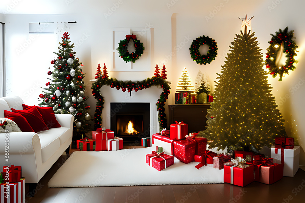 Christmas House Interior with White Christmas tree 
Christmas tree with gifts