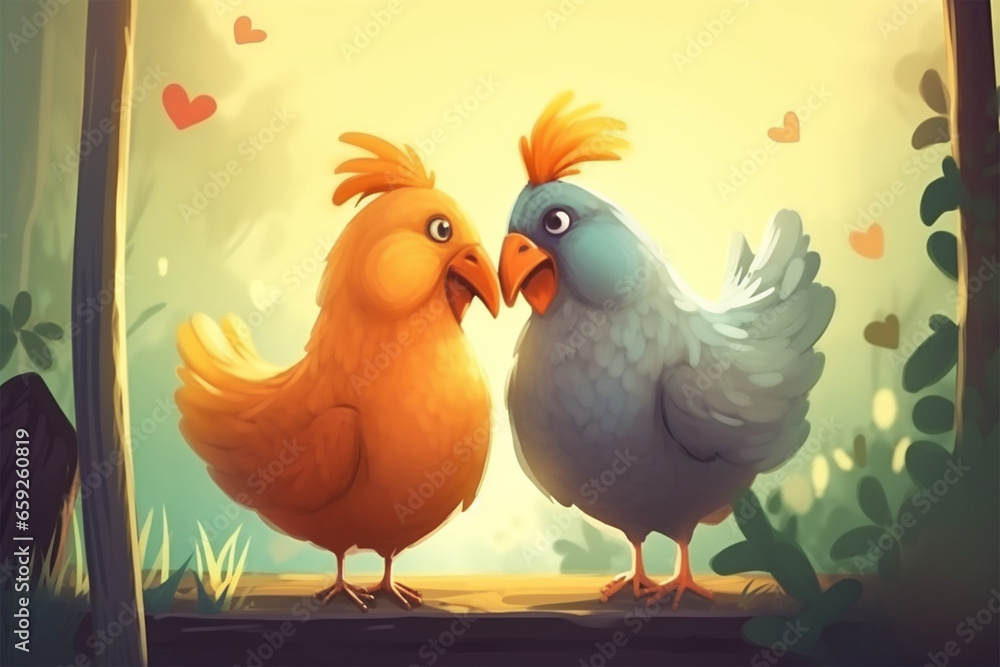 cartoon illustration, a pair of chickens kissing