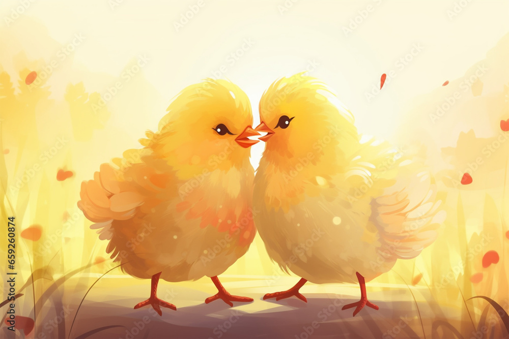 cartoon illustration, a pair of chickens kissing