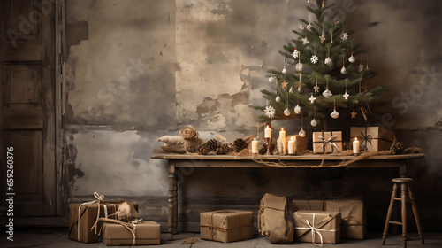 Rustic Christmas Scene with Small Tree and Vintage Gift