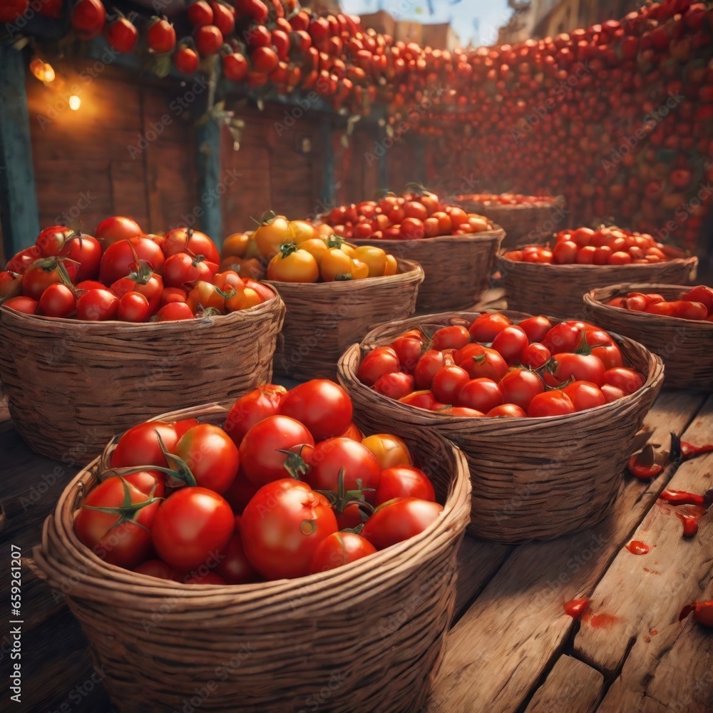 Tomatoes in a basket at the Tomato Throwing Festival, La Tomatina Tomatoes in a basket at the Tomato Throwing Festival, La Tomatina