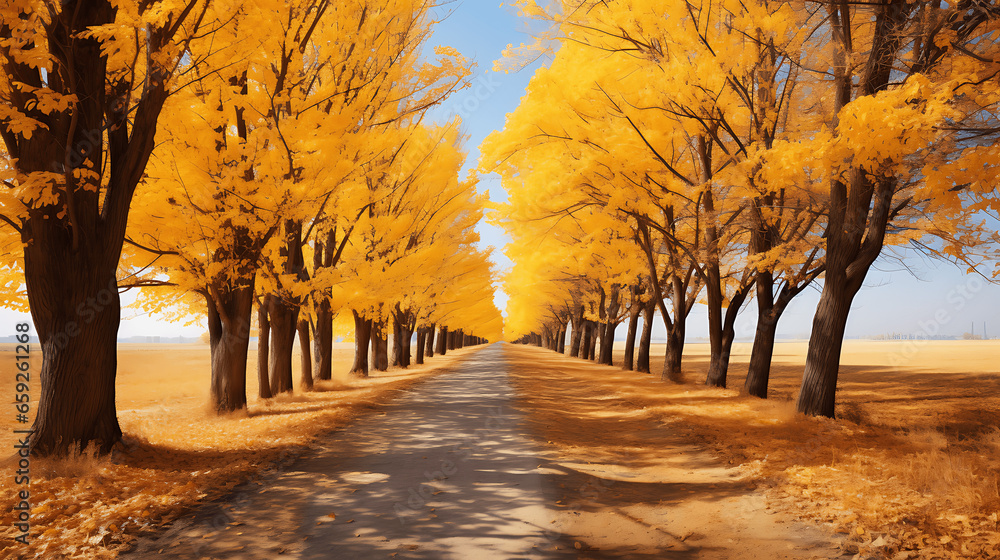 Bright Colorful Autumn Landscape with Yellow Leaves