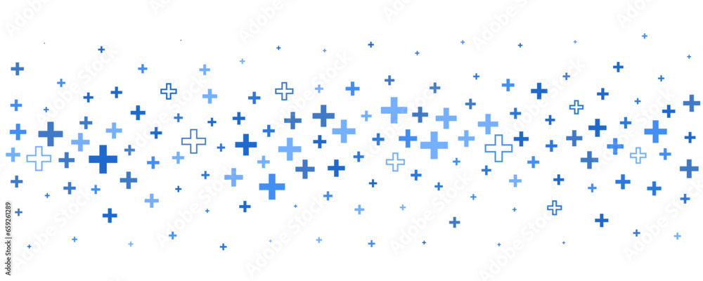 Medical cross and plus background. Abstract seamless blue background for hospital and pharmacy. Geometrical shapes ornament on border. Vector backdrop - obrazy, fototapety, plakaty 