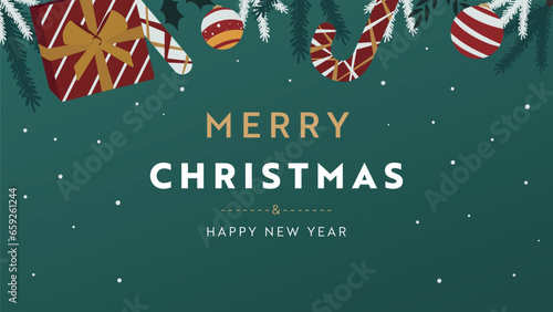プレゼントやオーナメント、キャンディーで飾られたクリスマス背景テンプレート（緑）　Christmas background template decorated with presents, ornaments and candies (green)