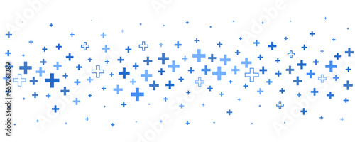 Medical cross and plus background. Abstract seamless blue background for hospital and pharmacy. Geometrical shapes ornament on border. Vector backdrop