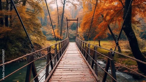 Hanging bridge pathway over the autumn forest river