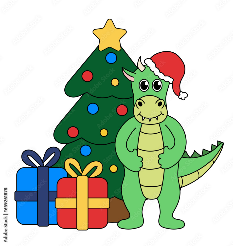 Cartoon Christmas and New Year Dragon character. Cute Dragon with Christmas tree and gift boxes. Vector flat illustration. Cartoon Christmas and New Year Dragon character. Cute Dragon with Christmas tree and gift boxes. Vector flat illustration.