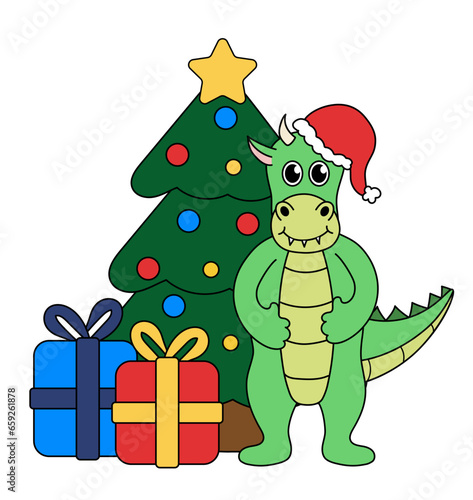 Cartoon Christmas and New Year Dragon character. Cute Dragon with Christmas tree and gift boxes. Vector flat illustration.