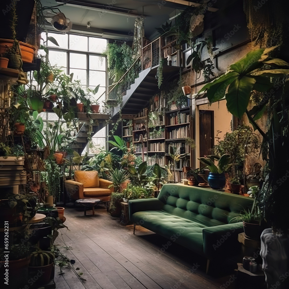 Fototapeta premium Indoor Jungle: A Cozy Room Filled with Plants